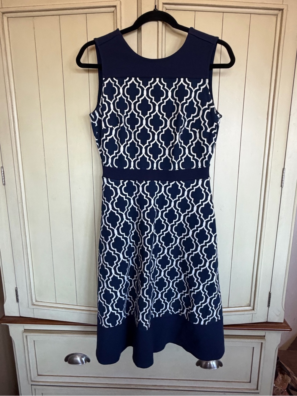 Lands End Navy & White Sleeveless Geo-Print Dress